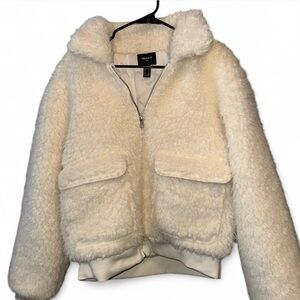 forever 21 cream/white faux fur bomber jacket